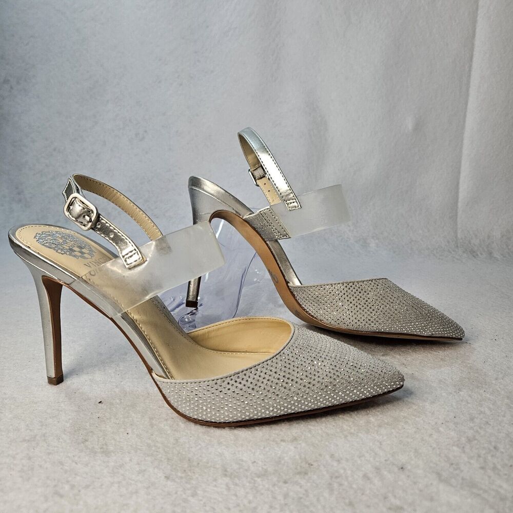 VINCE CAMUTO Silver Sparkle Pointed Toe Stiletto Dress Heels Slingback Sz 7 M